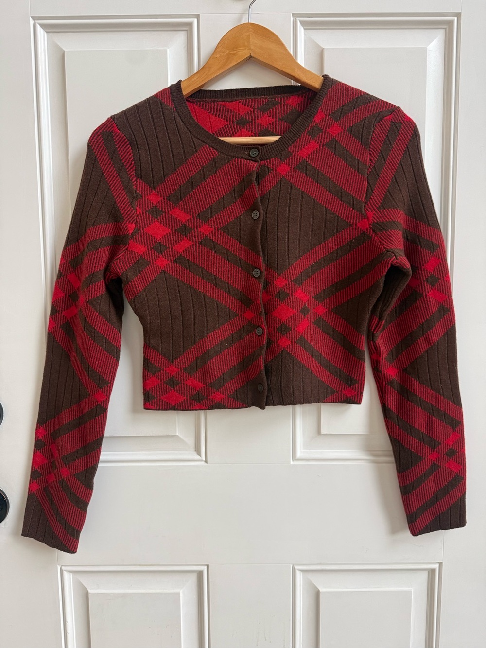 Cider Brown Red Plaid Ribbed Button-Up Women's Sweater Cardigan cropped stretch